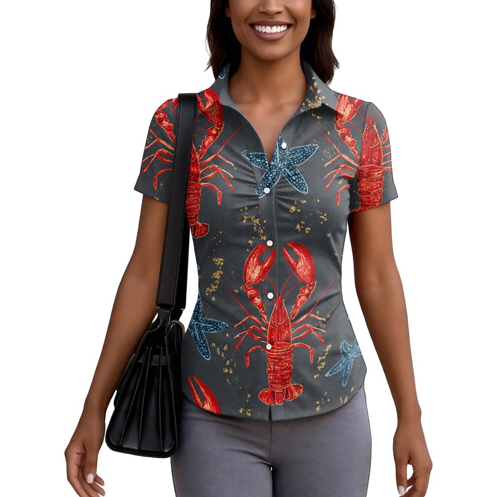 Damen Kurzarm Hemdbluse Slim Fit mit Kragen Hummerdruck Lässiges Sommer Oberteil für Büroarbeit und Alltag