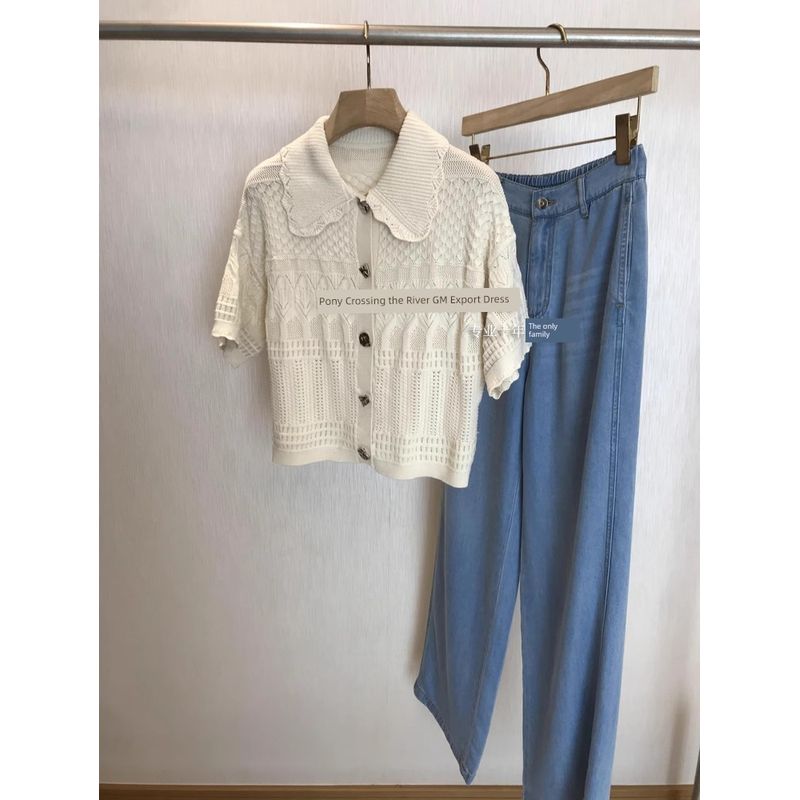 

Абсолютно, Чистый С * НДРО Заказ!! Французский кардиган с волнистым краем, крупной вязки крючком, с серебряной пряжкой, с короткими рукавами Milk apricot M