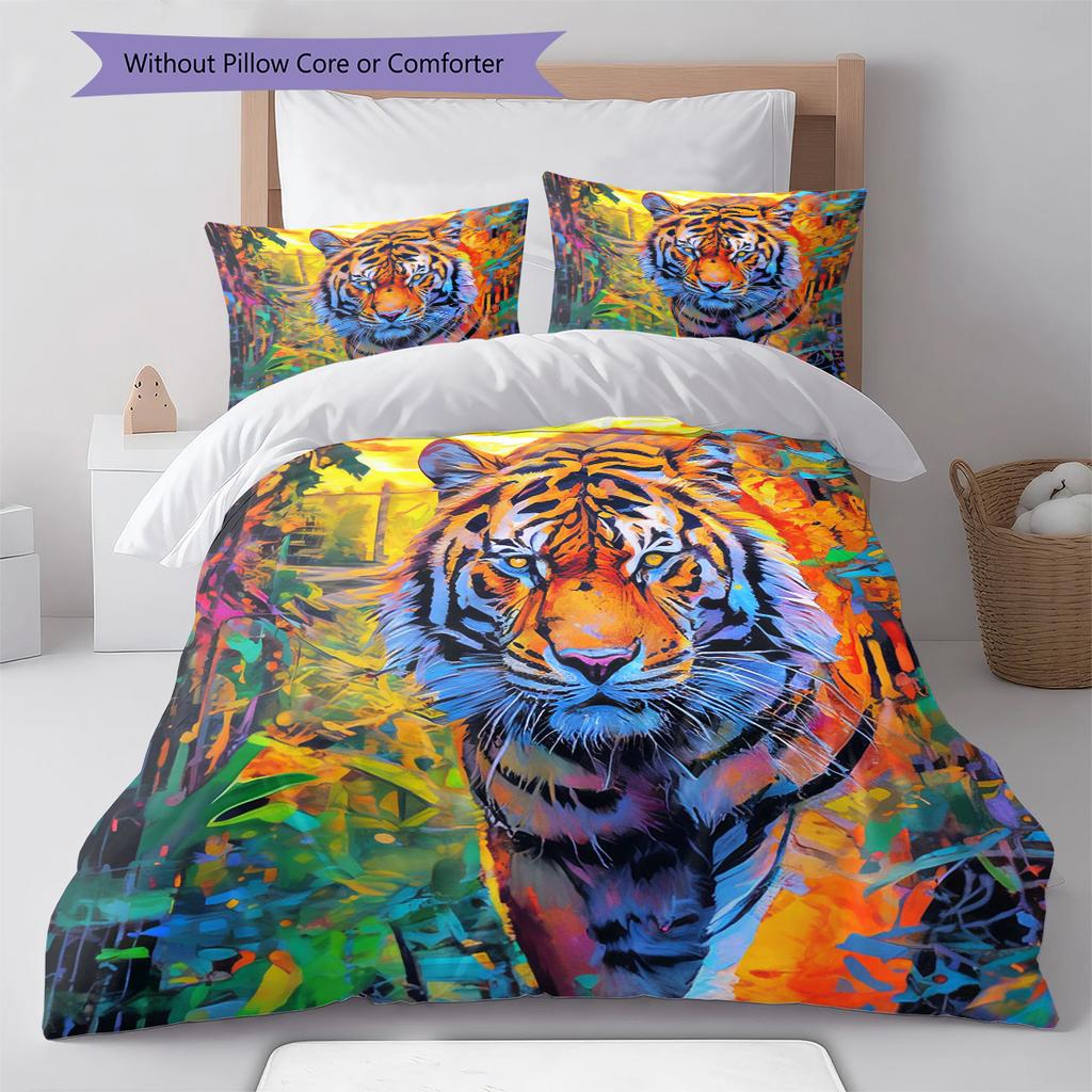 Tiger Fox Art Pattern Bedding Quilt Set Quilt Cover Pillowcase Home Decoration Gift (1 * Duvet Cover + 2 * Pillowcase, Without Core)