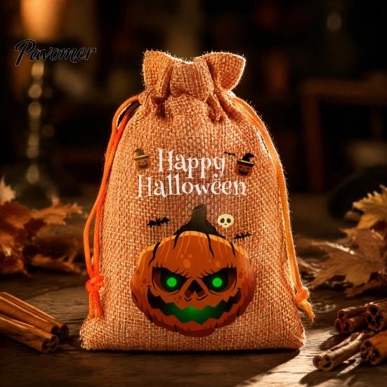 Trick or Treat Party Souvenirs 2Pcs Halloween Pumpkin Drawstring Bags for Candy Treats, Retro Burlap Rustic Linen Goodie Bags, Portable Kids