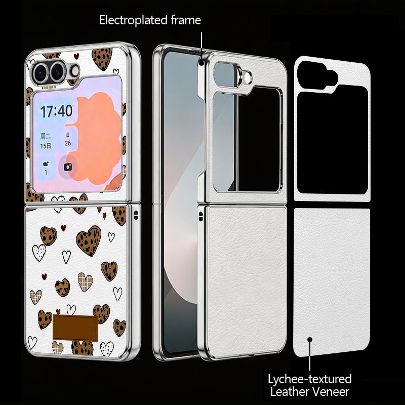 INS Heart Sticker Collage Case For Samsung Galaxy Z Flip 8 7 6 5 Z Flip8 Flip7 Flip6 Hybrid 3in1 Plating Leather Skin Folding Phone Cover