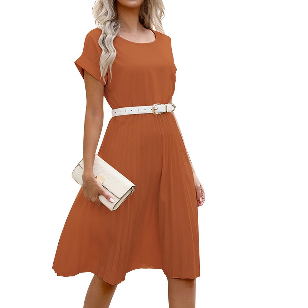Women's Dresses Solid Color Round Neck Short Sleeve Pleated Dresses Casual Temperament Tunic Dresses