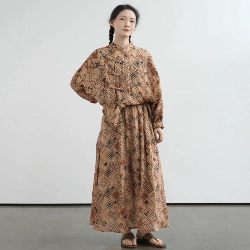 Johnature Women Vintage Shirts Plaid Stand Bat Sleeve Blouses Spring Button Chinese Style Loose Button Shirts