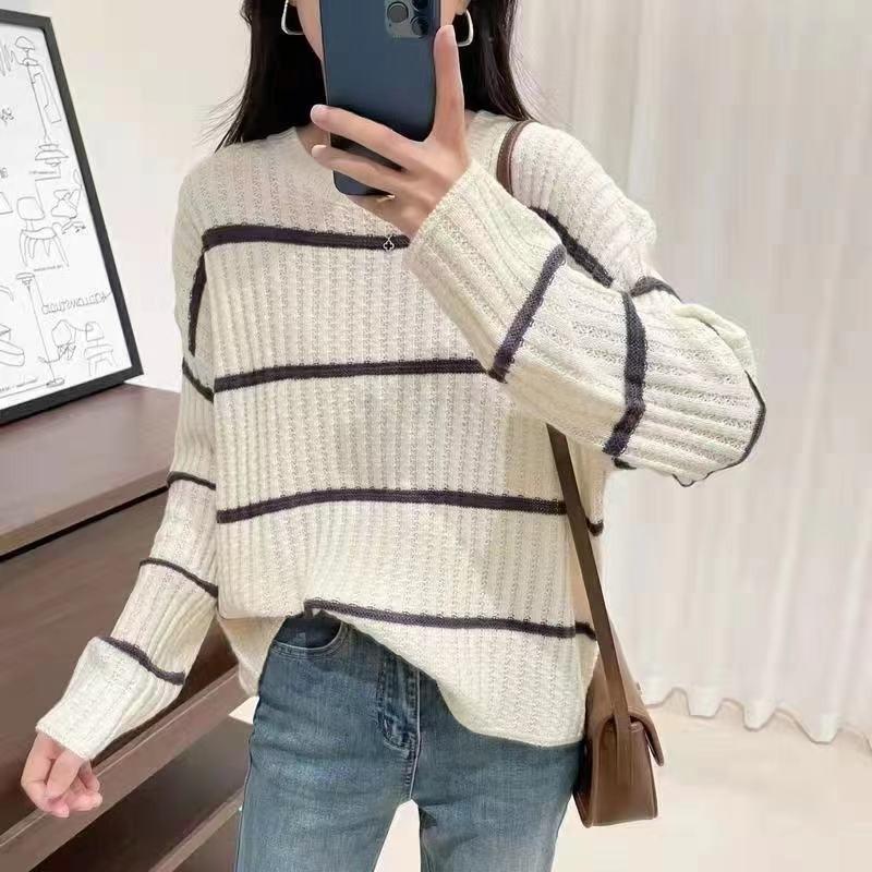 Spring and Autumn Women's Striped Sweater Top Knitted Sweater Round Neck Women's Clothing