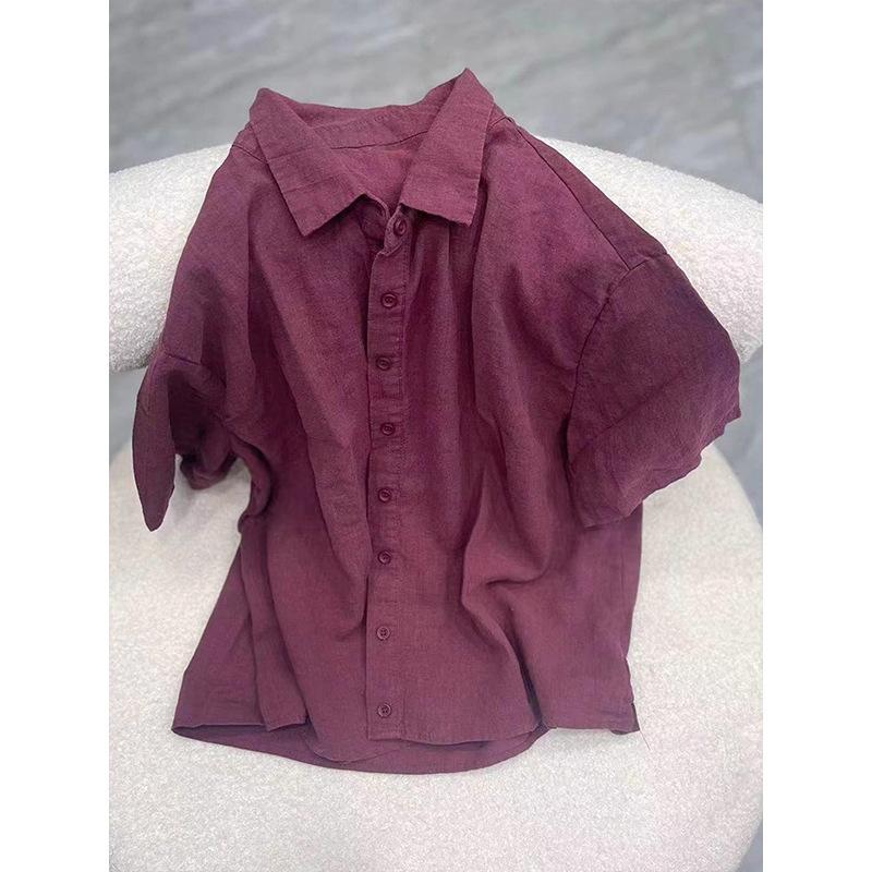 Literary and Retro Style Linen Shirt Women's Summer Temperament Commuting Solid Color Versatile Lapel Cotton and Linen Five-quarter Sleeve Top Women