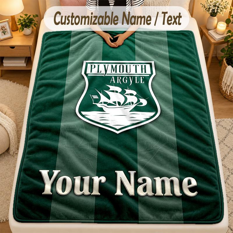 Flanel Battaniye Plymouth Argyle FC Özel İsim Yazısı Kişiselleştirilmiş Yumuşak Sıcak Atkı Battaniye Ev Dekorasyonu Hediye