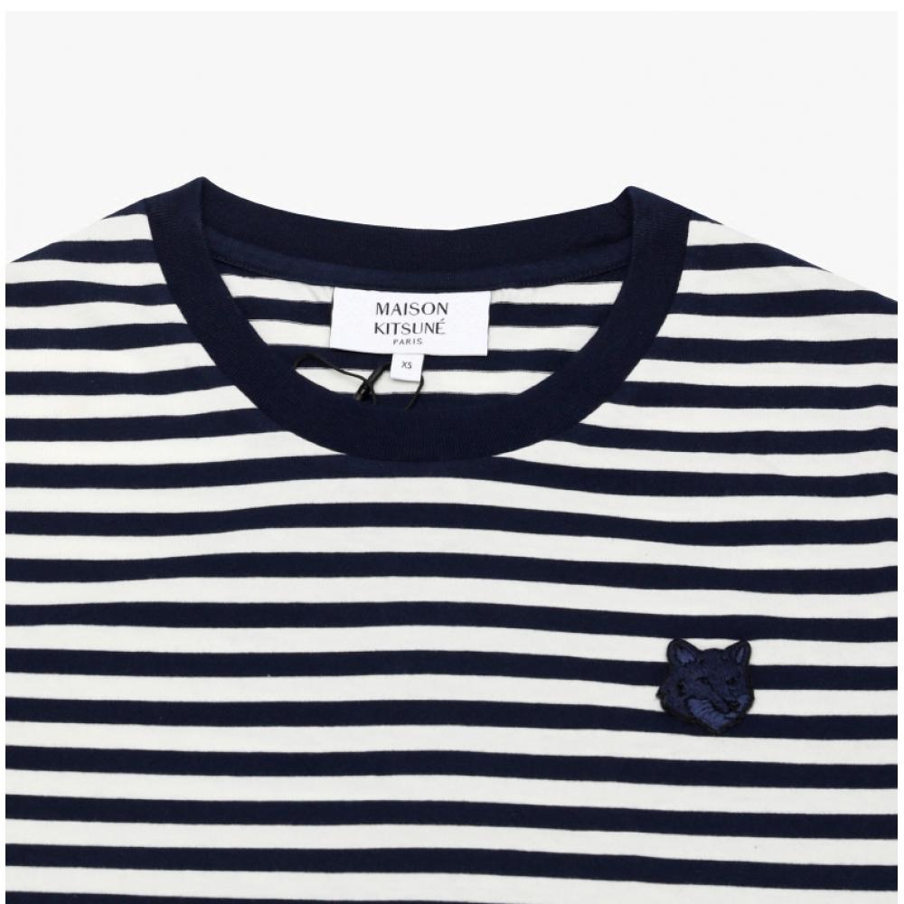 Maison Kitsune Bold Fox Head Patch Multi Stripe Women Short Sleeve Tee Ow00110kj0008