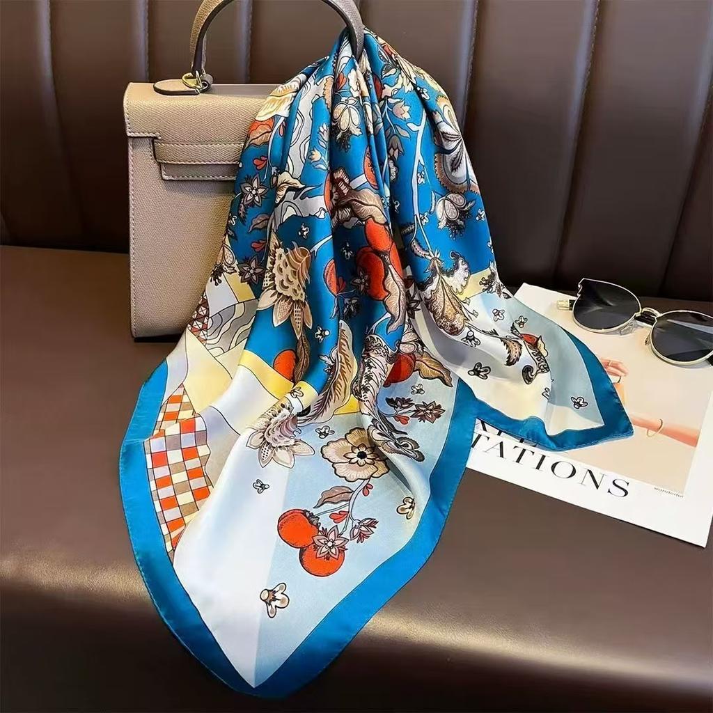 70Cm Luxury Floral Print Silk Square Scarf For Women Soft Satin Kerchief Hair Band Female Headband Hands Bag Ribbions Head Hijab