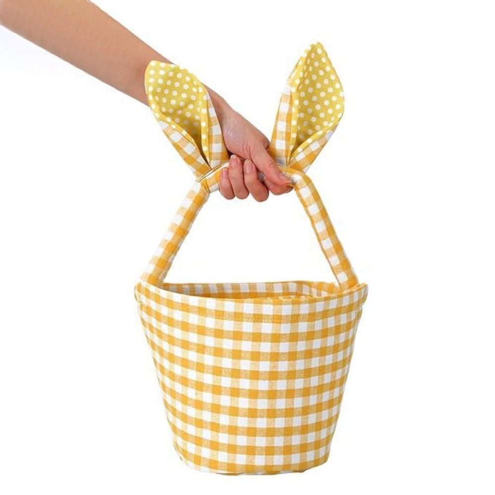 Grid Design Rabbit Ear Basket Breathable Material Moisture Resistant Easter Eggs Basket Plaid Pattern Reusable