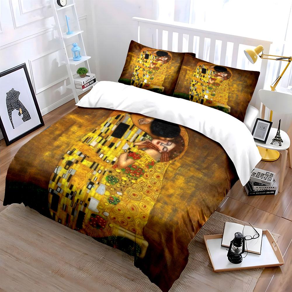 3Pcs The Kiss Classic Oil Painting Duvet Cover Set, Vintage Golden Art Bedding Includes 1 Duvet Cover And 2 Pillowcase, Gift