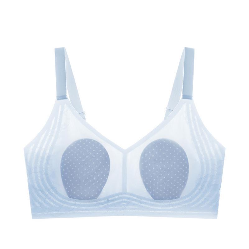 Women Beige Floral Lace Sheer Mesh Wireless Comfort Bra M синий