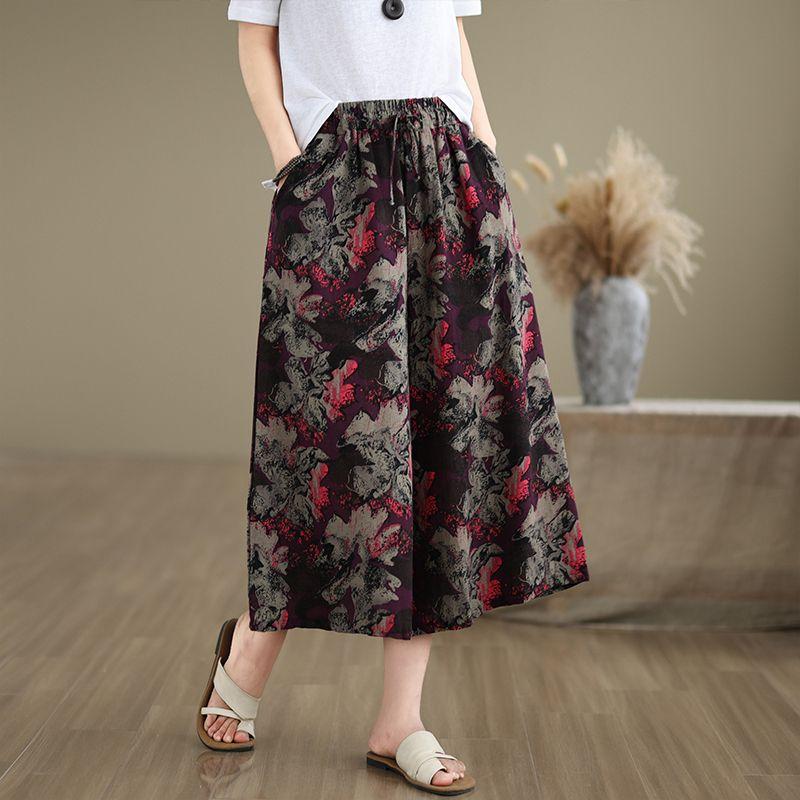 Ethnischer Stil Blumige Weitbein-Hose Sommer Übergröße Damen Locker Lässig Siebenviertel Gerades Bein Hose
