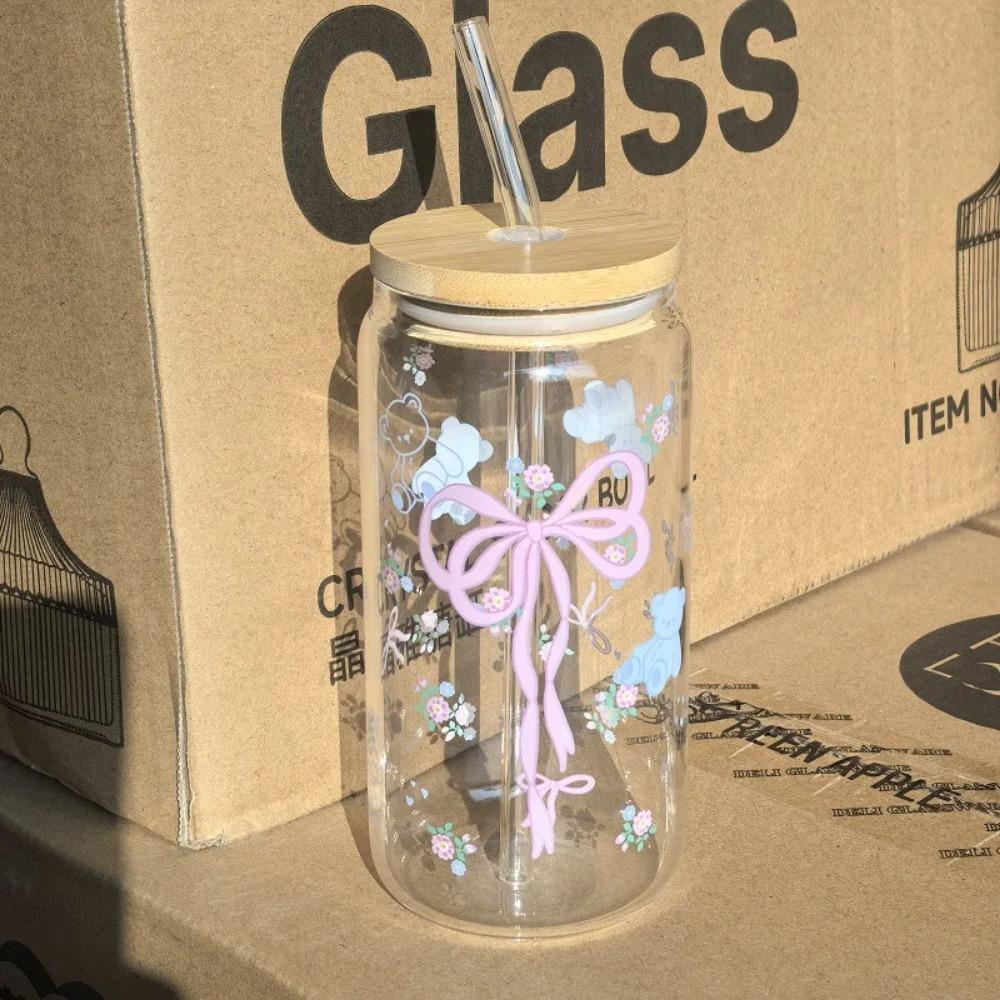 500ml Roztomilý skleněný hrnek s mašličkou, tumbler, láhev na vodu ve tvaru zavařovací sklenice s víčky a brčkem, hrnky na kávu, párty dárek na ledovou kávu, sklenice na džus