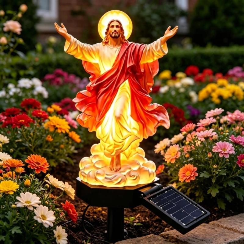 Religious Figurine Solar Lamp Statue for Garden Lawn Border, Resin Yard Stake Sculpture with Warm Light for Flower Bed and Outdoor Entry Use