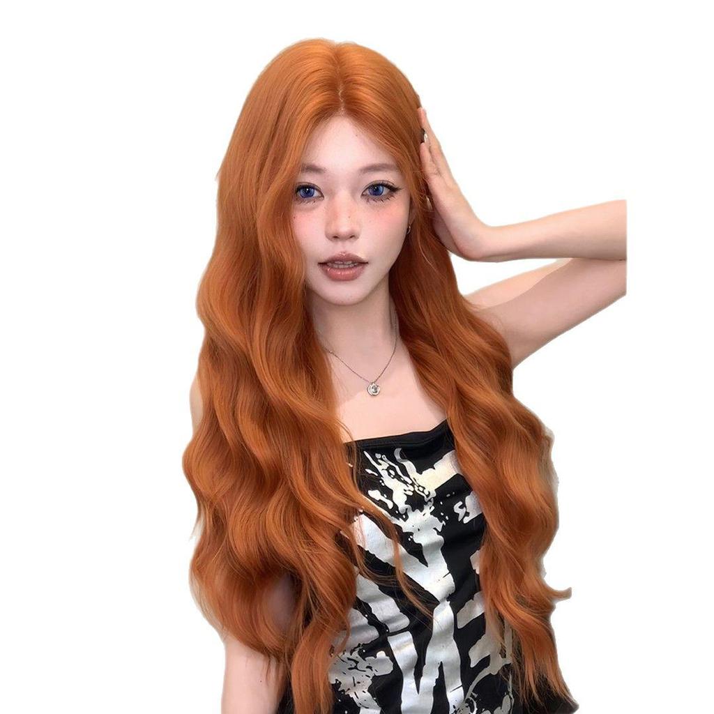 Damenperücke in schmutzigem Orange, lang und lockig, mit Mittelscheitel - Natürlicher Look für den täglichen Gebrauch