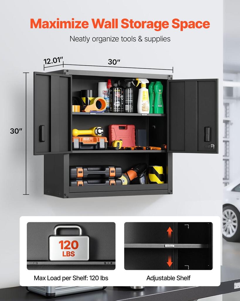 Metal Wall Cabinet, 76.2W X 30.5D X 76.2H Inch, Steel Floating Hanging Storage Cabinet with Locking Doors and Adjustable Shelf for Garage, Basement,