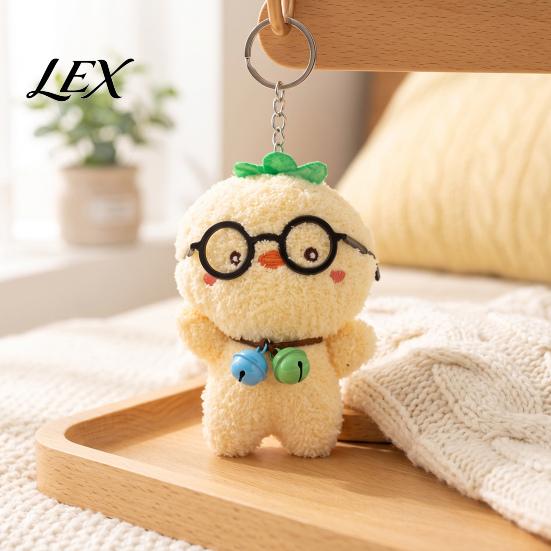 Key Ring Charm Cute Glasses Pig Plush Keychain, Soft Stuffed Animal Pendant with Bell, Decorative Bag Accessory Cartoon for Backpack, Mini Doll