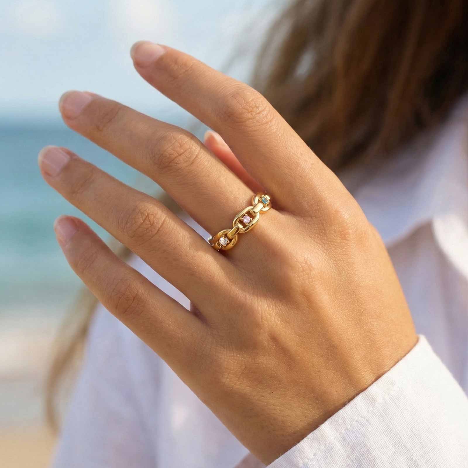 

Link Chain Ring for Women, Stainless Steel Colorful Zircon Band Ring,Non-Tarnish Aesthetic Minimalist Jewelry US Ring Size 07