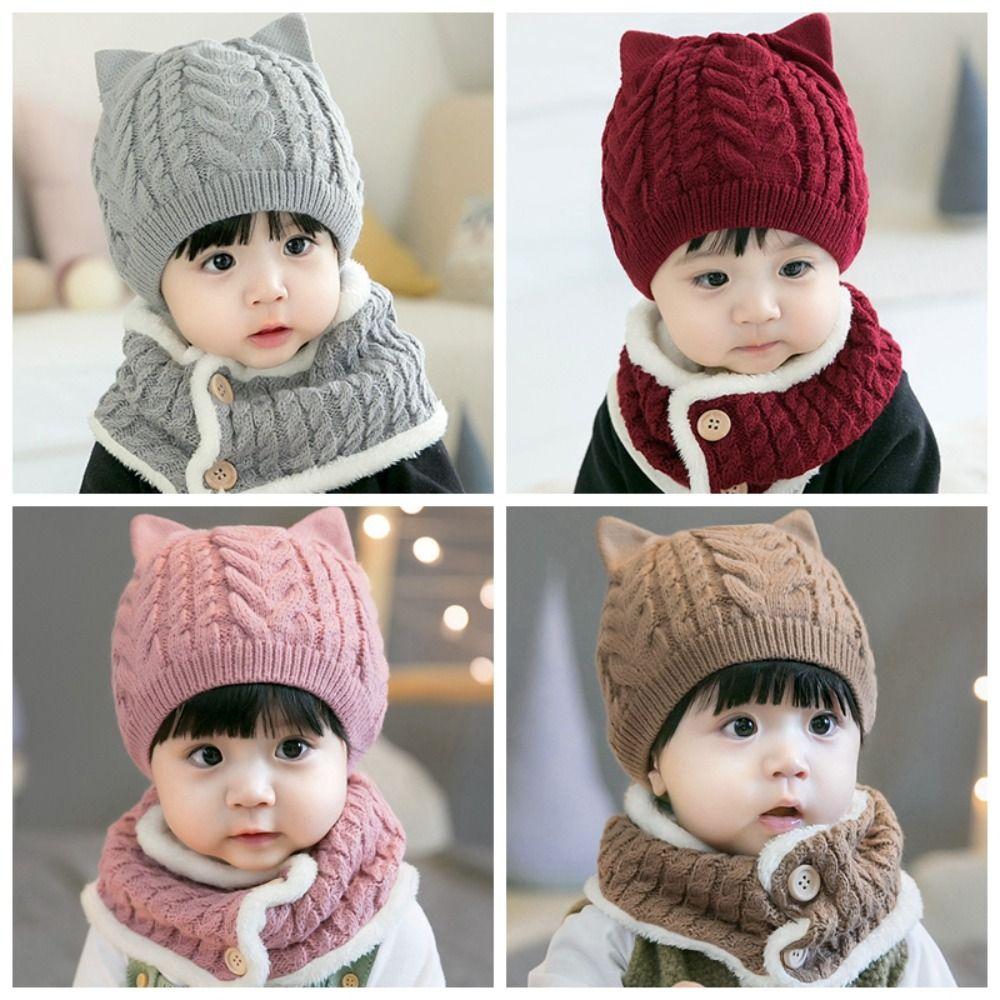 Soft Warm One Piece Hat Scarf Winter Children Bonnet Hats Lovely Baby Knitted Hats  Boys Girls