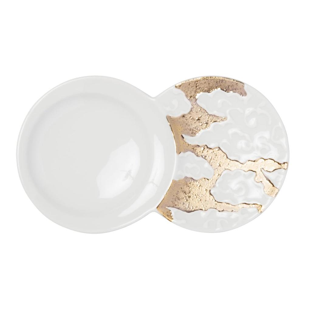 Hasami Ware Juzan Kiln Porcelain Mamezara Mini Soy Sauce Plate Cloud and Gold Design 14x8cm Kyoritsu Toki Made in Japan
