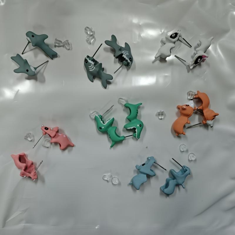 14pcs/7 Pairs, Cute Animal Earrings Set - Dinosaur, Puppy and Whale Designs - Fun Clay Bite Jewelry Gifts, Fun Gifts and Accessories