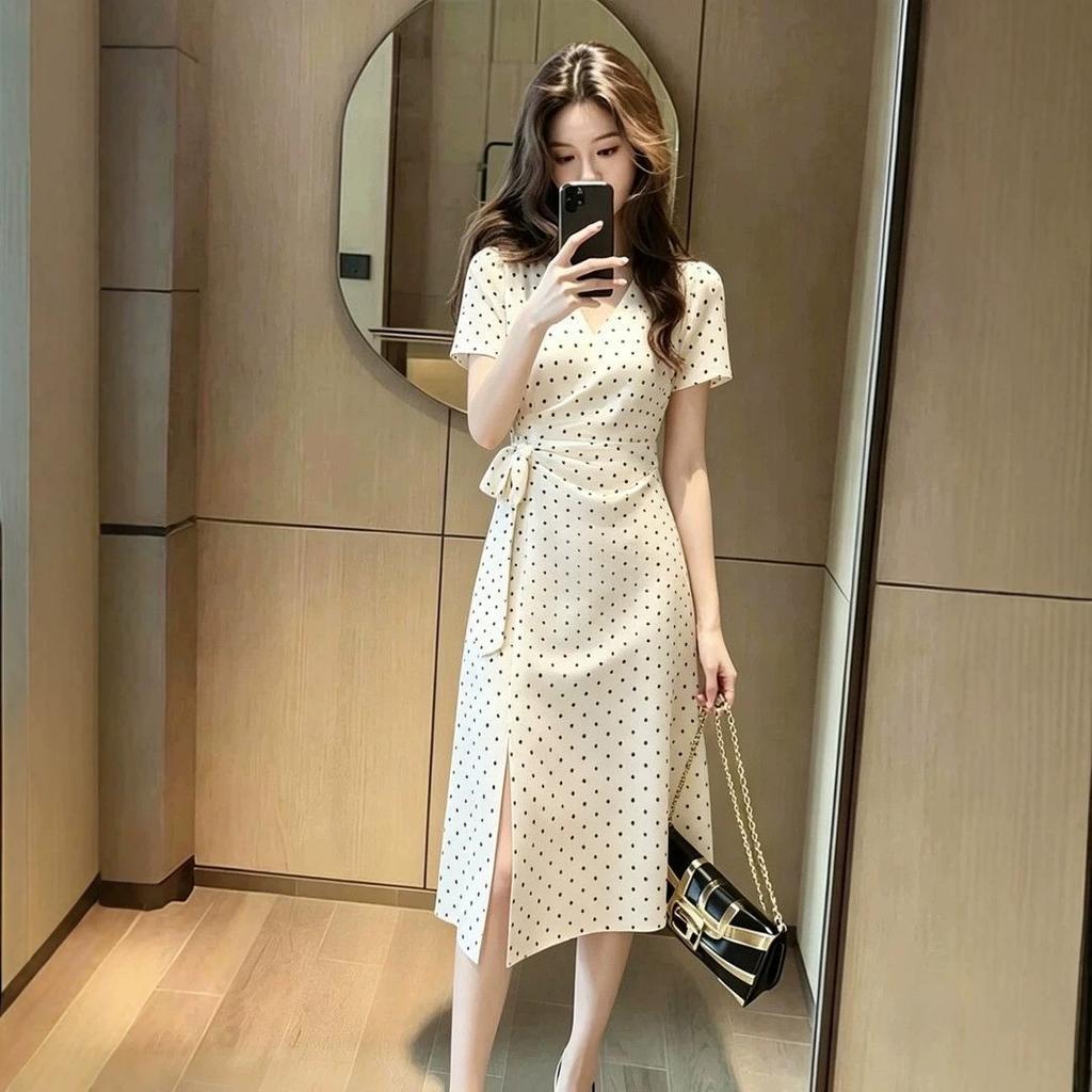 French elegant style fashion polka dot short-sleeved dress new temperament V-neck waist and thin medium and long dress