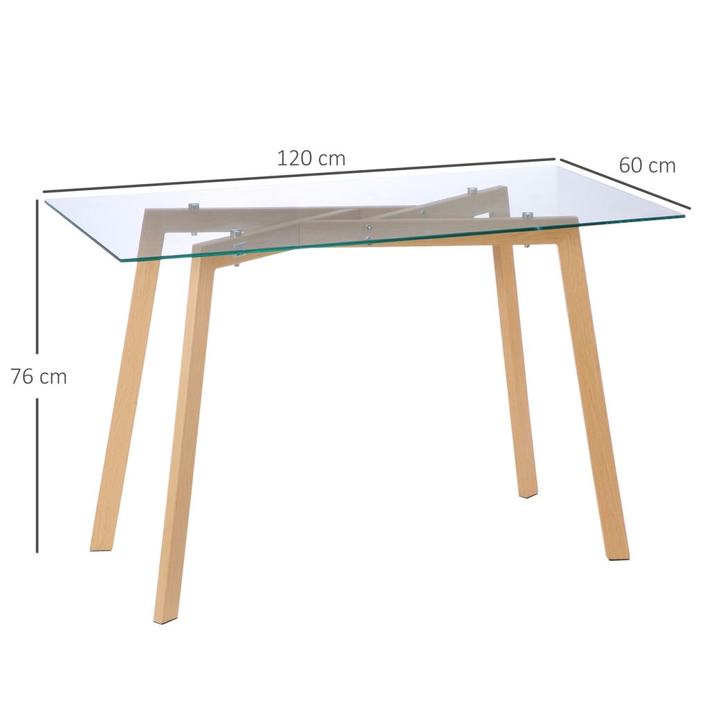 4-person dining table, 120x60x76cm, kitchen table, tempered glass top and steel legs, transparent