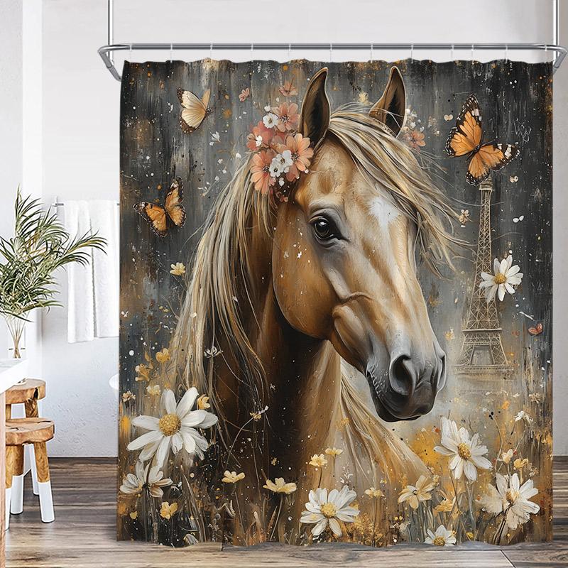 Western Barn Horse Shower Curtains Sunflower Lavender Floral Farmhouse Wooden Door Farm Animal Bathroom Curtain Decor with Hooks