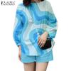 ZANZEA Women 3/4 Sleeve Print Blouse and Shorts Summer Two Piece Suit Sets