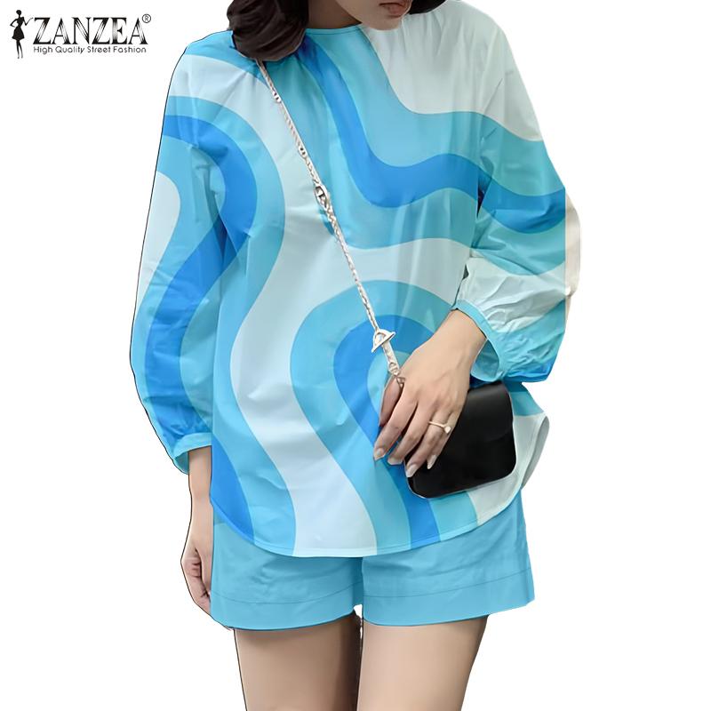 ZANZEA Women 3/4 Sleeve Print Blouse and Shorts Summer Two Piece Suit Sets