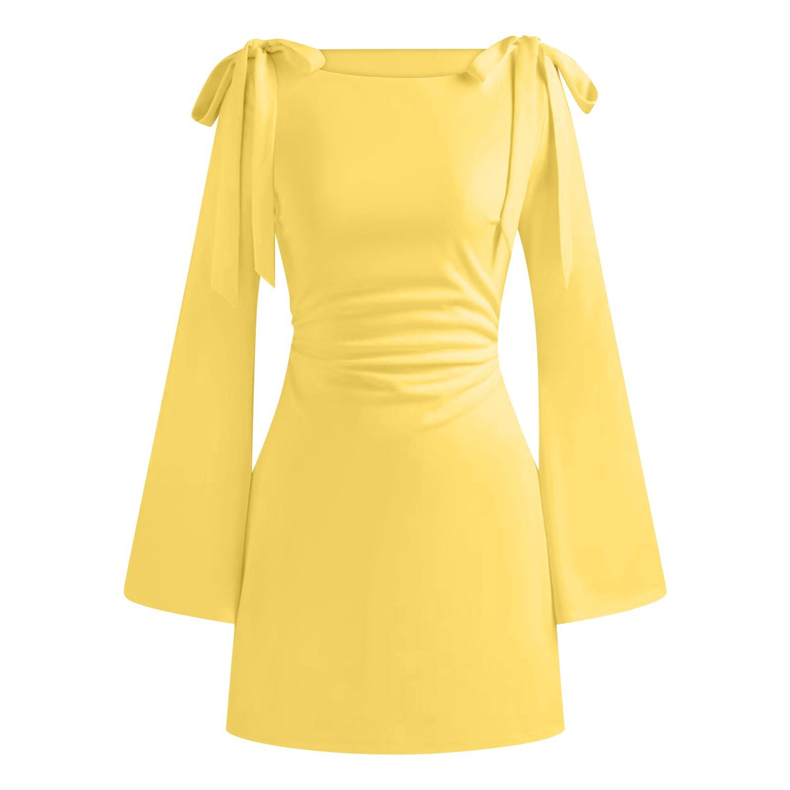 

Жіночі весняно-літні повсякденні однотонні сукні з круглим вирізом Сукні з довгим рукавом XL жовтий