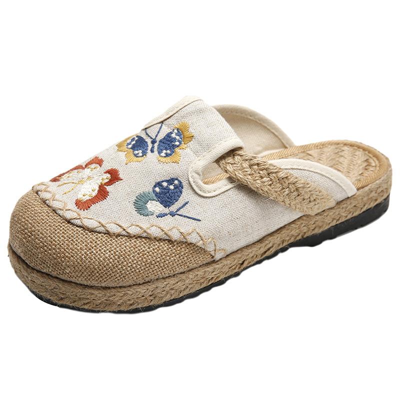 Fashion 2025 Women Casual Linen Handmade Embroidery Mules Flat Slippers Retro Vegan Summer Ladies Canvas Comfortable Espadrille Shoes