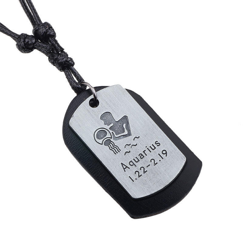 JMXD-European and American Twelve Constellation Necklace Retro Brushed Metal Pendant Genuine Leather Wax Rope Woven Constellation Series Necklace