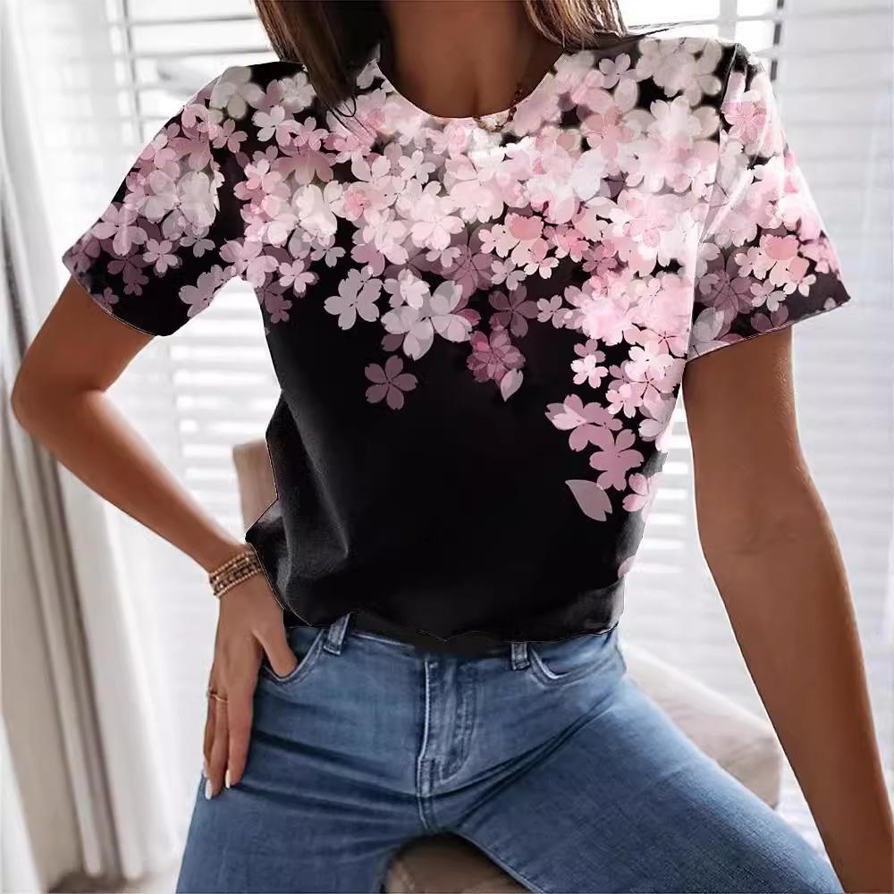 

Летний топ с круглым вырезом и цветочным узором с 3D-принтом, модная повседневная женская футболка с коротким рукавом S