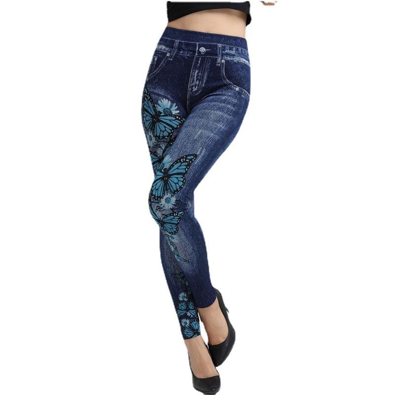 Blue Butterfly Faux Denim Quick-Dry Knit Leggings, Breathable & Hip-Lifting, Nine-Point Length