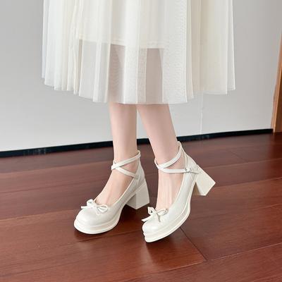 Soft Leather Thick Heel Waterproof Table Mary Jane Shoes Women's Height-increasing Bow One-word Buckle Light Mouth High Heels