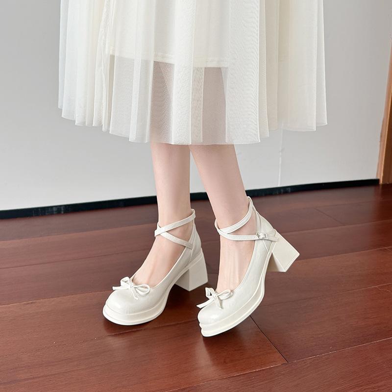 French soft leather thick heel waterproof table Mary Jane shoes fairy style heightening bow one-word buckle shallow mouth high heels
