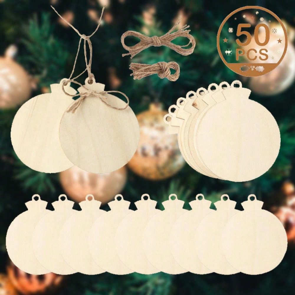 

50Pcs Blank Wooden Christmas Ornaments, Unfinished Bauble - Shaped Wood Slices with Jute Strings, DIY Xmas Tree Decor Crafts