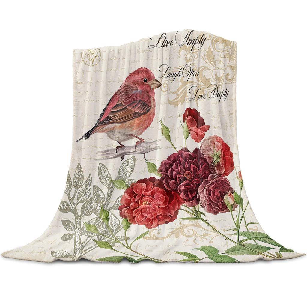 Blue Bird Pink Peach Flower Retro Printed Flannel Blanket Soft Throw Blanket for Bed Living Room Couch Sofa King Queen Size Warm
