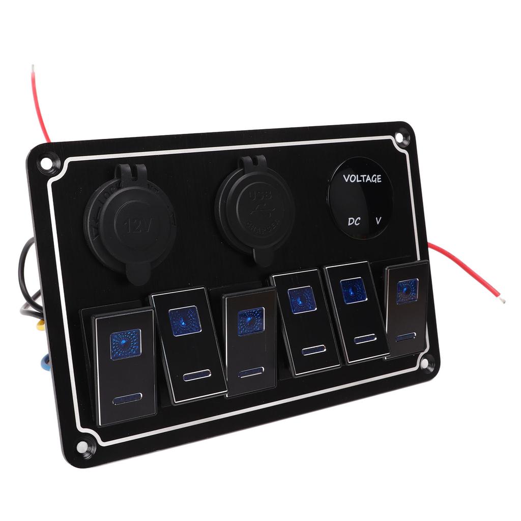 6 Gang Rocker Switch Panel Waterproof DC12V To 24V 20A Blue LED Light 5PIN Overload Protection for Car Yacht RV Bus
