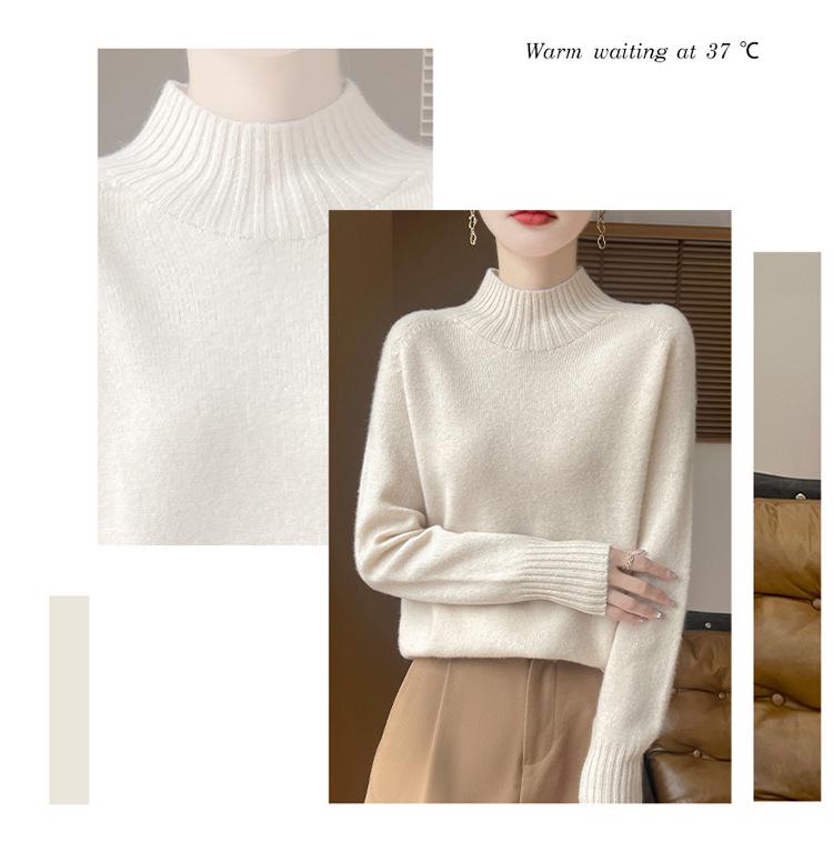Women's Pure Wool Half-High Collar Loose Knit Sweater - Thickened Autumn/Winter Base Layer Pullover