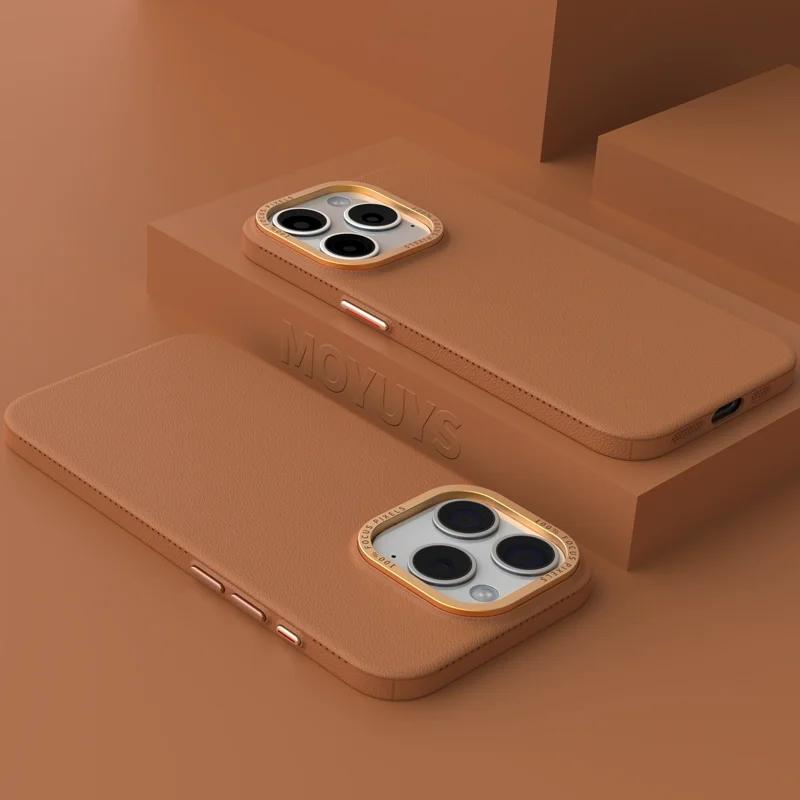 Luxury Metal Camera Protection Leather Texture Case for iPhone 15 14 Plus 13 12 16 Pro Max Soft Silicone Matte Shockproof Cover
