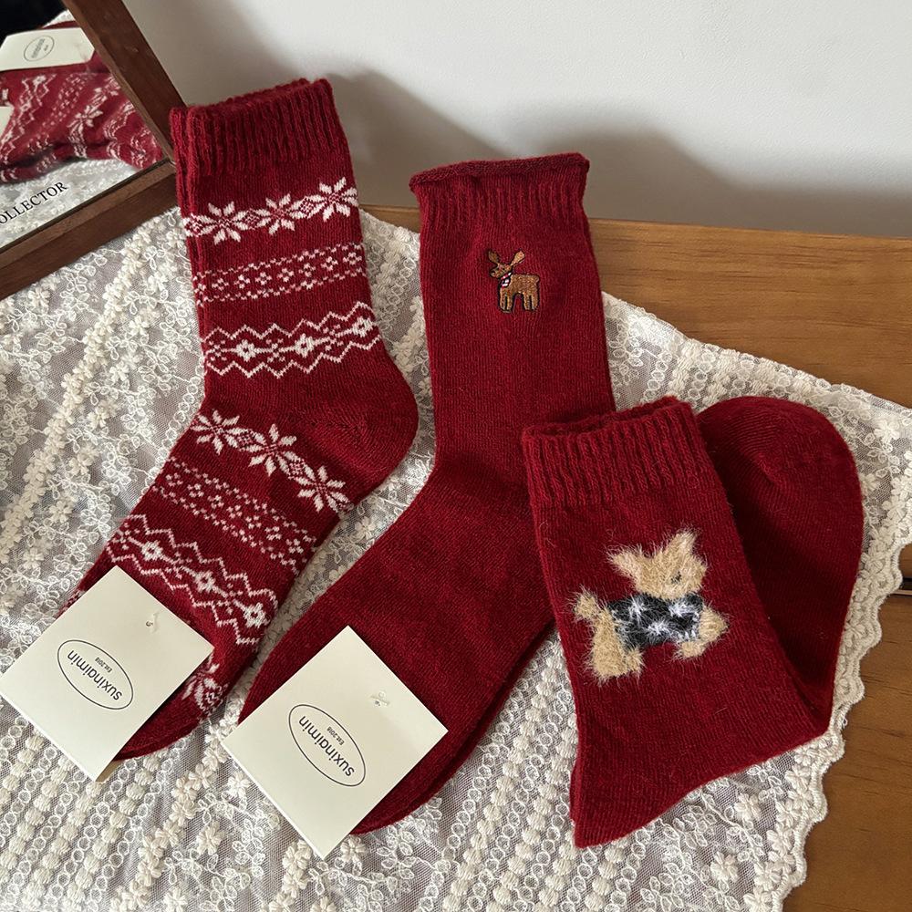 New Year's Wool Pile Socks for Autumn and Winter, Bright Red Warm Cartoon Embroidery Mid-calf Solid Color Striped Twisted Socks for Women