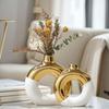 2-Piece Boho Ceramic Vase Set - White & Gold Round Bud Vases, Elegant Home Decor for Centerpieces, Living Room & Kitchen