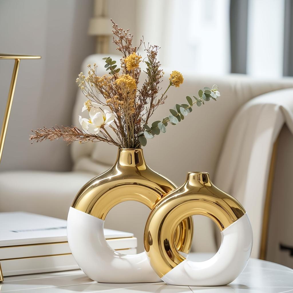 2-Piece Boho Ceramic Vase Set - White & Gold Round Bud Vases, Elegant Home Decor for Centerpieces, Living Room & Kitchen