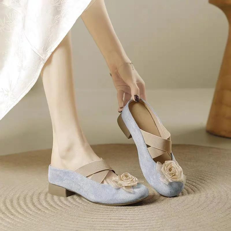 Fashion Inner Heightened Cool Drag Female Spring New Round Head Shallow Mouth Camellia Flower Soft Bottom One Foot and Half Drag