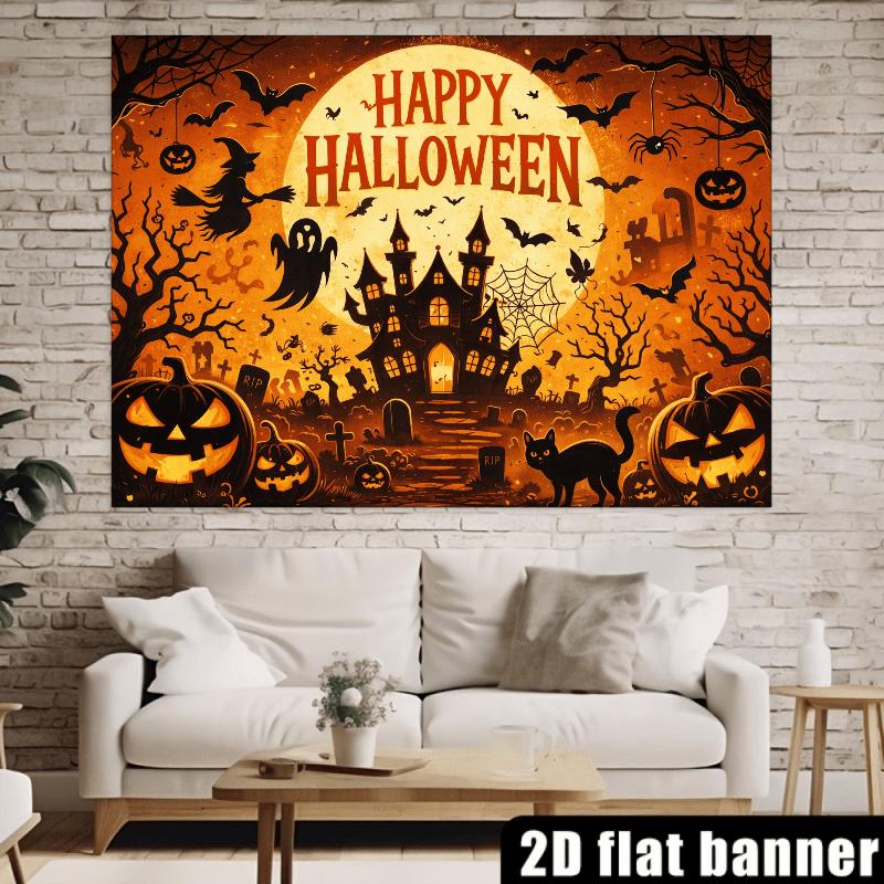 2D planar Halloween party banner background. Halloween theme featuring pumpkin lanterns flying witches and ghosts.zyc