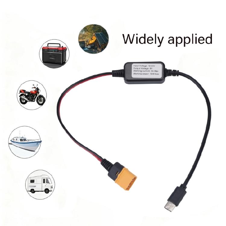 Power Reduction Cable with XT60M Source End and Type-C Male Device End, Changing 12-24V Input to 5V 3A Charging Output for Compatible Mobile Devices