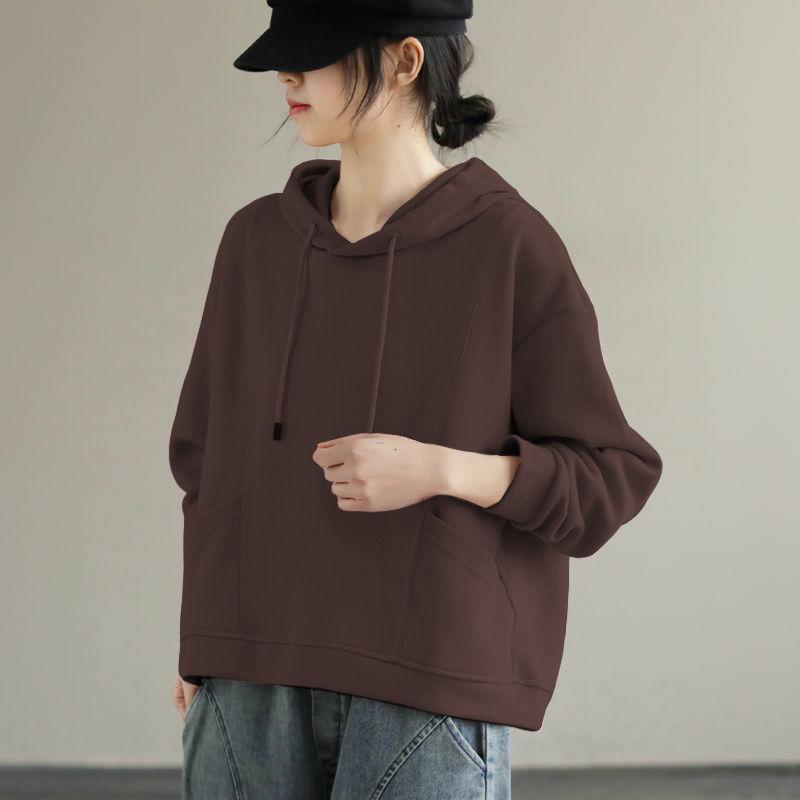 Solid Color Pullover Long Sleeve Long Sleeve Hooded Sweatshirt for Women with Pockets Solid Color Loose and Versatile Top