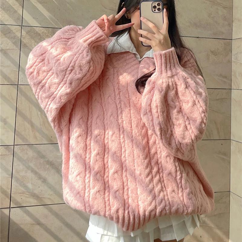 Korejské oversize zelené svetry Dámské Vintage Líný vítr Výstřih do V Roztomilé pletené svetry Podzim Ležérní Volný svetřík s dlouhým rukávem
